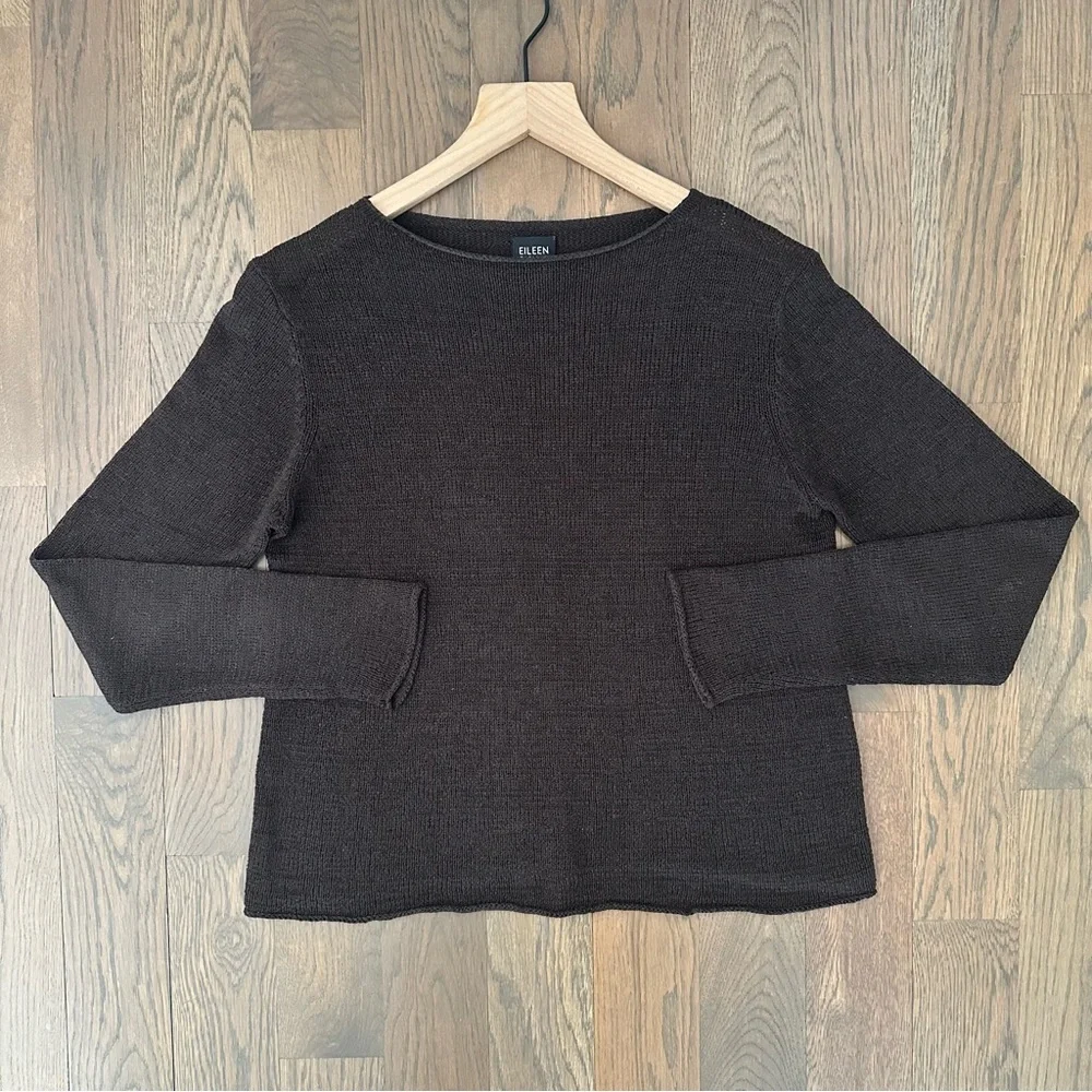 Eileen Fisher Wide Neck Pullover Silk Blend Sweater in Chocolate Brown Small